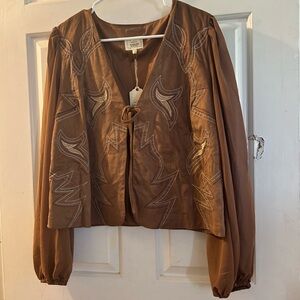 Buckle Brown Embroidered Leather & Chiffon Mixed-Media Top